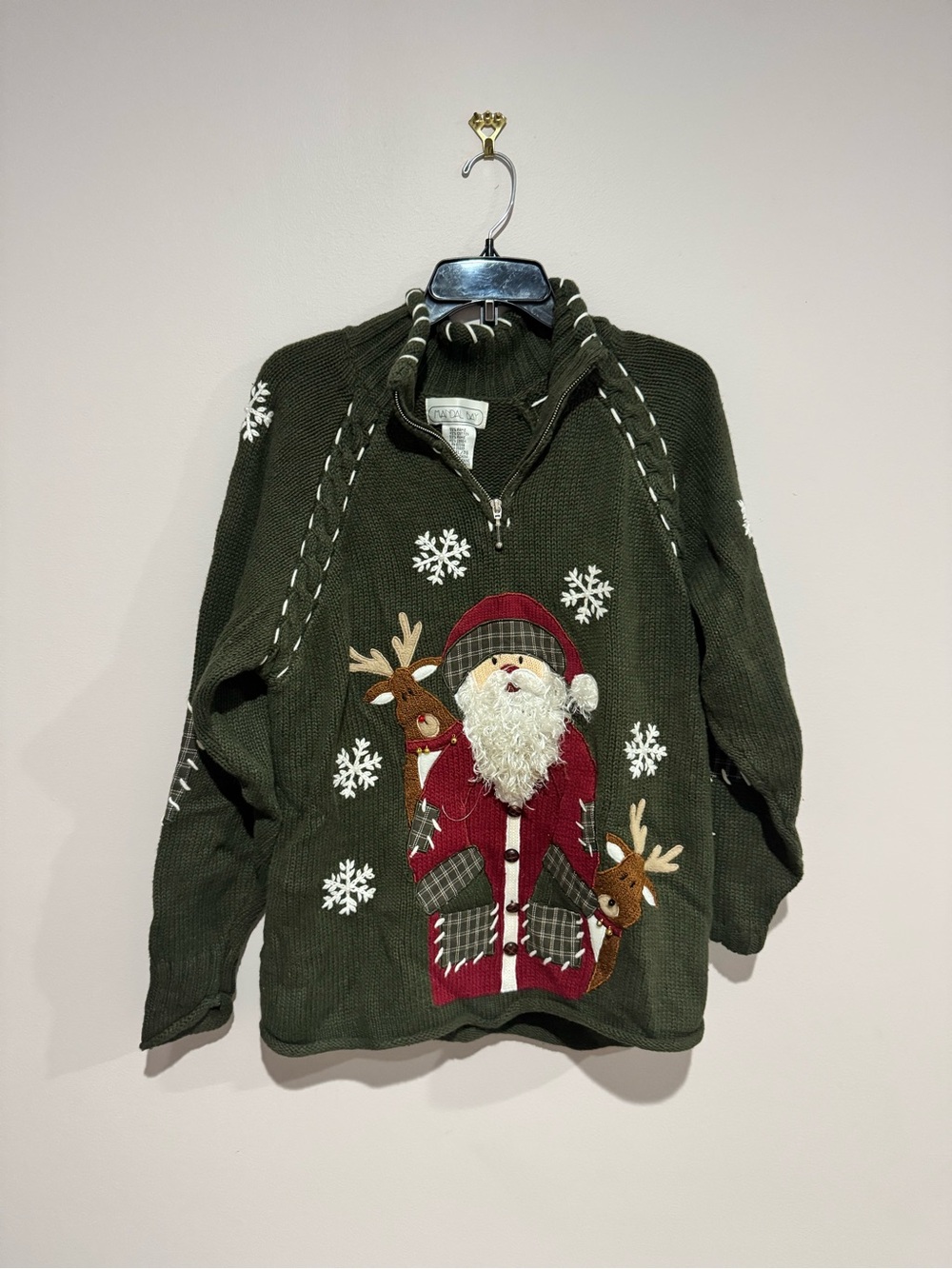 Mandal Bay Womens Green Cotton Blend Christmas Santa Sweater XL Patchwork Granny
